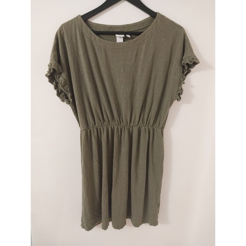 H&M Olive Green Linen Blend Short Sleeve Summer Dress Sz S